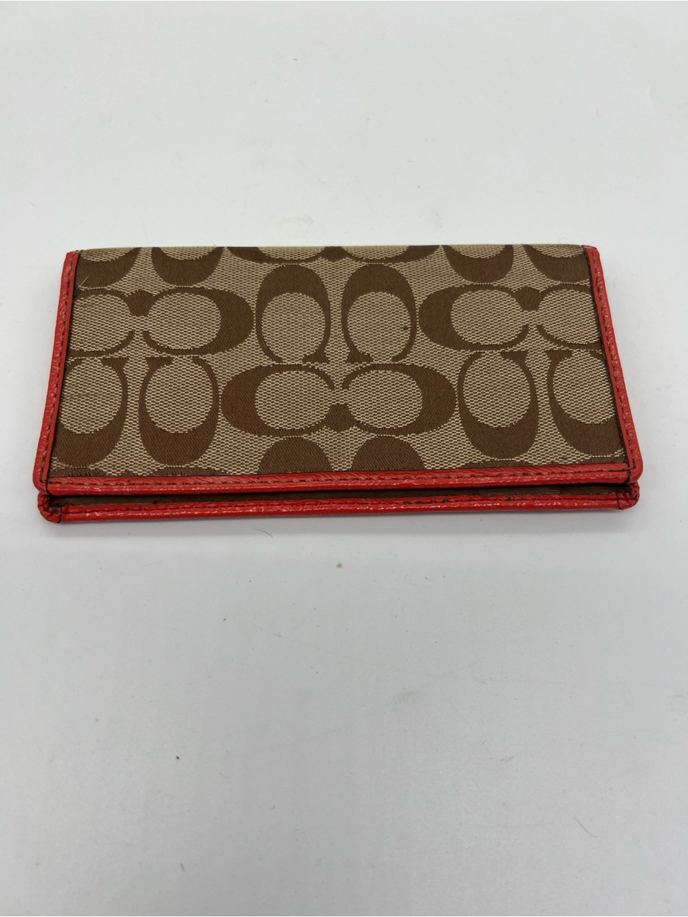 Coach Khaki Signature Checkbook Holder with Coral Trim